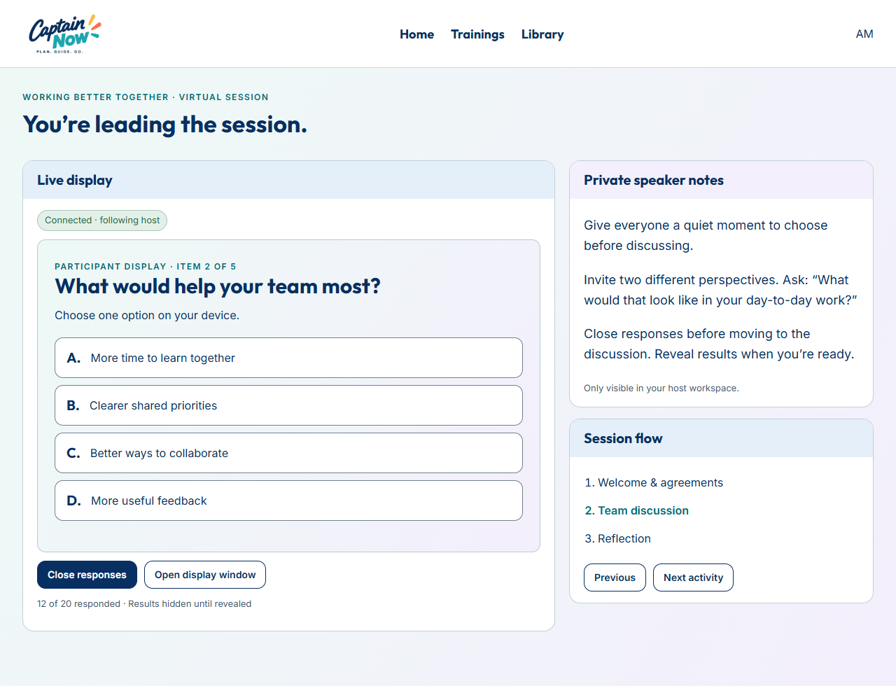 Trainer view showing a team poll, private speaker notes, response controls and session flow
